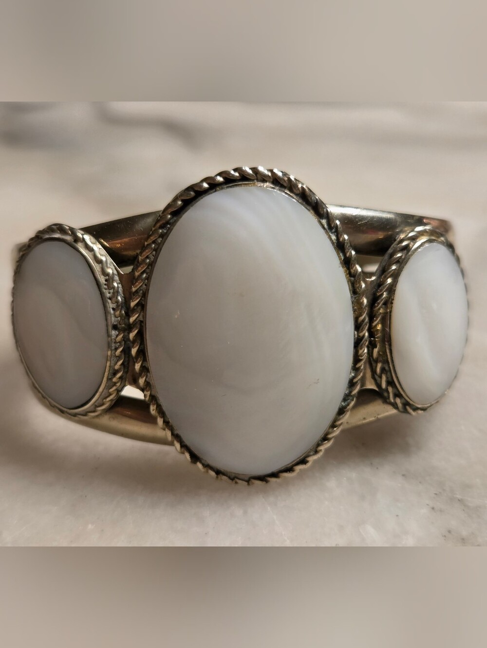 3-Stone Mother of Pearl Statement Cuff Bracelet Signed Mexico